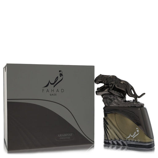 Fahad Gaze Arabiyat Prestige Eau De Parfum spray for men, 3.4 oz bottle, featuring elegant packaging and branding.