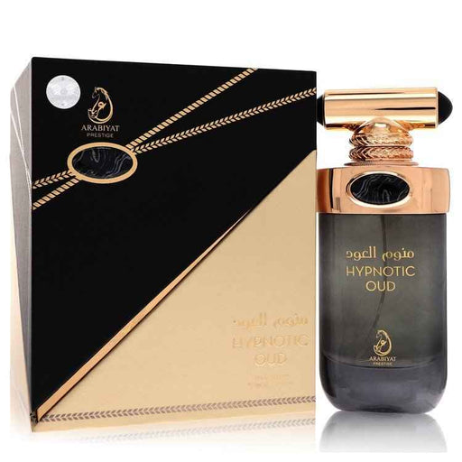 Arabiyat Prestige Hypnotic Oud Eau De Parfum Spray for women and unisex, 3.4 oz, featuring rich oud scent in a sleek bottle.