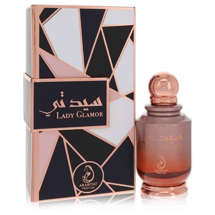 Lady Glamor Arabiyat Prestige Eau de Parfum spray for women, 3.4 oz bottle, elegant floral fragrance in a stylish bottle.