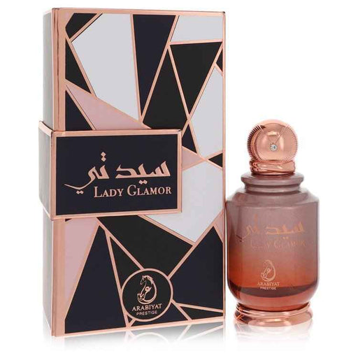 Lady Glamor Arabiyat Prestige Eau de Parfum spray for women, 3.4 oz bottle, elegant floral fragrance in a stylish bottle.