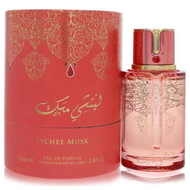 Lychee Musk Arabiyat Prestige Eau De Parfum spray 3.4 oz for women and unisex, featuring a floral musk scent with lychee notes.