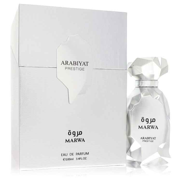 Arabiyat Prestige Marwa Eau De Parfum spray for men and unisex, 3.4 oz, elegant fragrance bottle with sleek design