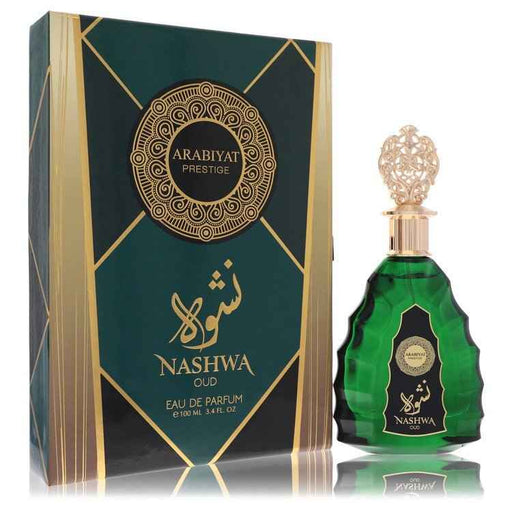 Arabiyat Prestige Nashwa Oud Eau de Parfum spray for men and unisex, 3.4 oz bottle with elegant packaging.