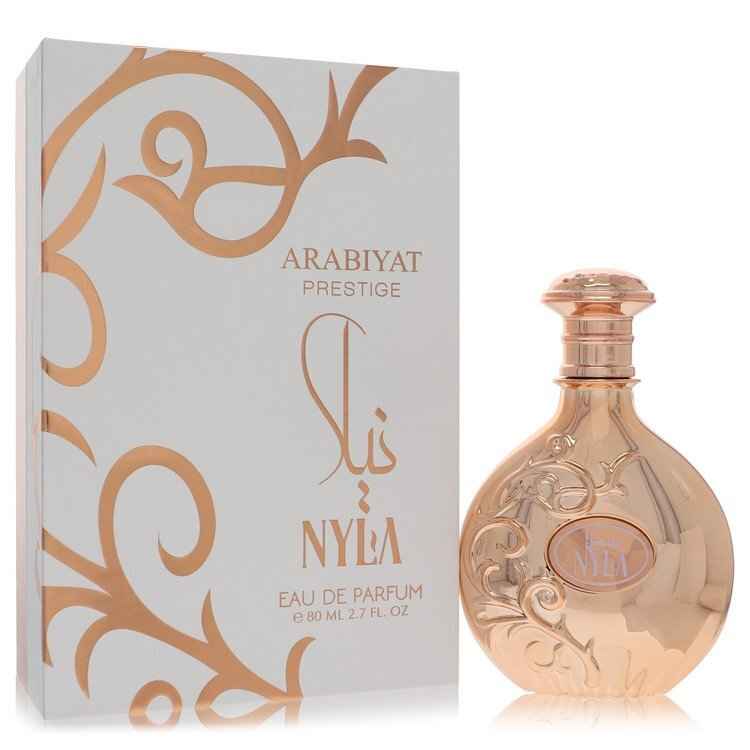 Nyla Arabiyat Prestige Eau De Parfum spray 2.7 oz for women and unisex, elegant fragrance bottle with a sleek design.