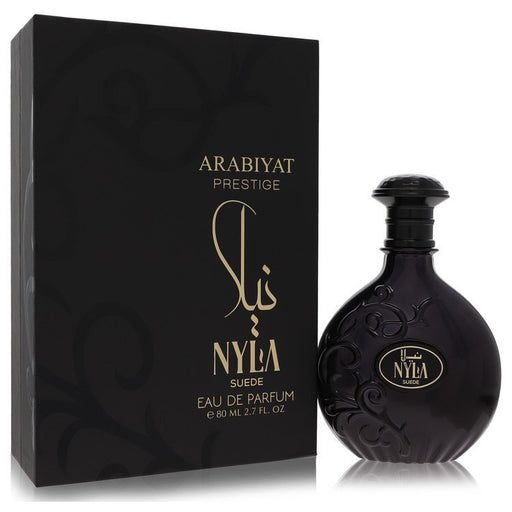 Nyla Suede Arabiyat Prestige Eau De Parfum spray for men and unisex, 2.7 oz bottle with sleek packaging.