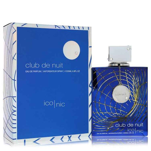 Armaf Club de Nuit Iconic Blue Eau de Parfum spray for men, 6.8 oz bottle, featuring sleek packaging and blue accents.