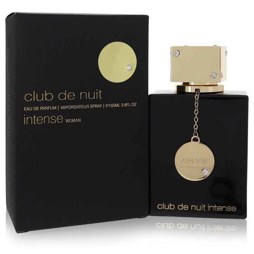 Armaf Club De Nuit Intense Eau De Parfum spray for women, 3.6 oz bottle, elegant fragrance bottle with gold accents.