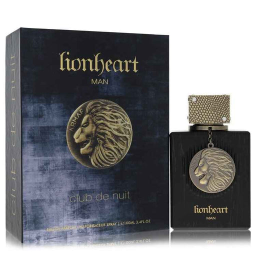 Armaf Club de Nuit Lionheart Eau de Parfum spray for men, 3.4 oz, featuring a sleek bottle with dark and gold accents.