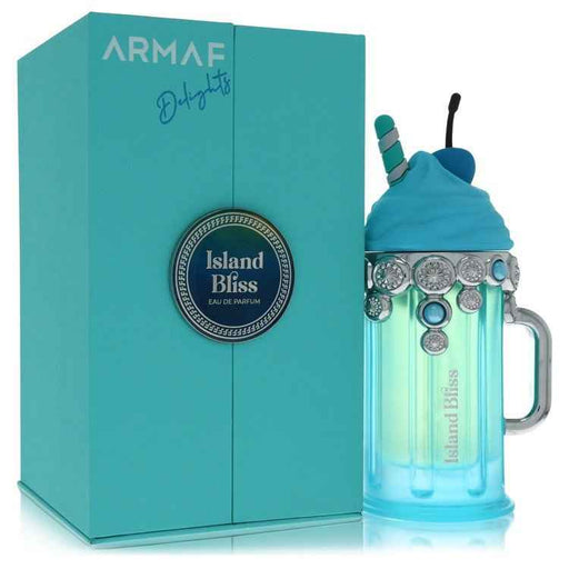 Armaf Delight Island Bliss Eau De Parfum spray for men, 3.4 oz bottle with tropical-inspired fragrance design.