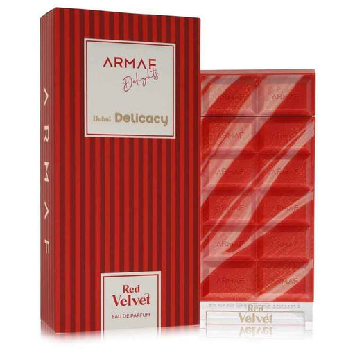 Armaf Delights Dubai Delicacy Red Velvet Eau De Parfum spray bottle for women, 2.37 oz, featuring luxurious red velvet packaging.