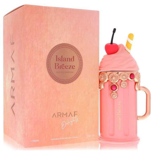 Armaf Delights Island Breeze Eau De Parfum spray 3.4 oz for men and unisex, featuring a sleek bottle with tropical-inspired design.