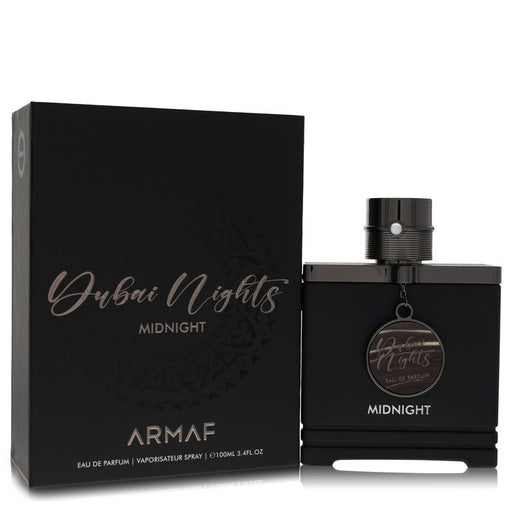 Armaf Dubai Nights Midnight men's Eau de Parfum spray, 3.4 oz bottle featuring dark, elegant packaging and a luxurious fragrance design.
