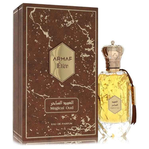 Armaf Eter Magical Oud Eau De Parfum spray for men, 3.4 oz bottle, featuring elegant packaging and luxurious oud fragrance.