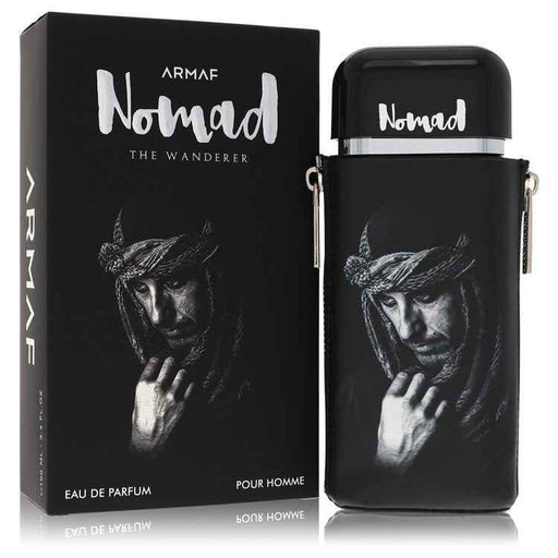 Armaf Nomad The Wanderer Eau De Parfum spray for men, 3.38 oz, featuring a sleek bottle design and masculine fragrance.