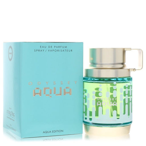 Odyssey Aqua by Armaf Eau de Parfum for Men, 3.4 oz bottle, featuring sleek packaging and brand logo.
