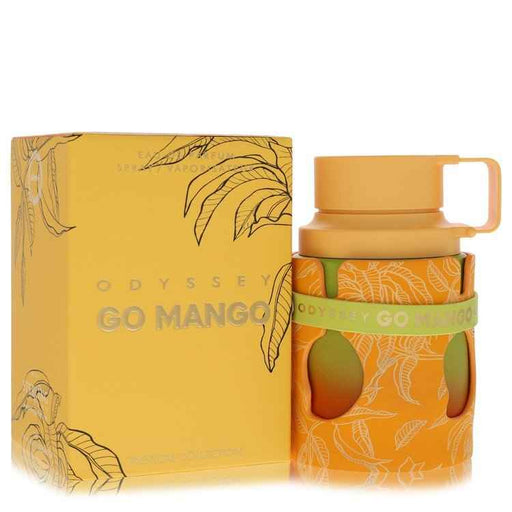 Odyssey Go Mango by Armaf Eau De Parfum spray for men and unisex, 3.4 oz bottle with vibrant packaging and sleek design.