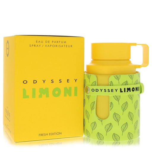 Odyssey Limoni by Armaf Eau De Parfum spray for men, 3.3 oz, featuring a sleek bottle design and fresh citrus scent.