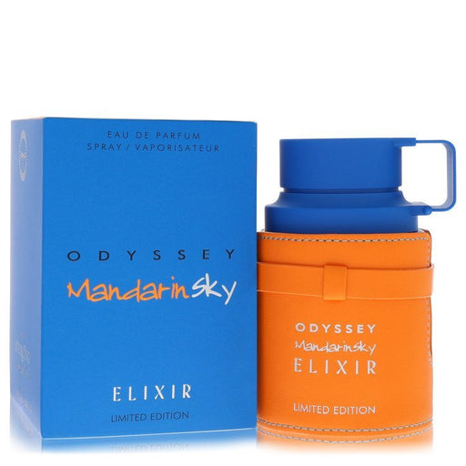 Armaf Odyssey Mandarin Sky Elixir Eau de Parfum spray for men, 3.4 oz bottle with elegant packaging and citrus-infused fragrance.