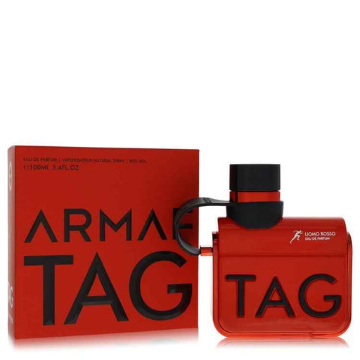 Armaf Tag Uomo Rosso men's Eau de Parfum spray, 3.4 oz, featuring a sleek bottle design and vibrant red accents.
