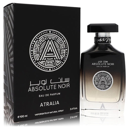 Atralia Absolute Noir Eau De Parfum Spray for men and unisex, 3.4 oz bottle showing dark, sleek perfume bottle with black accents.