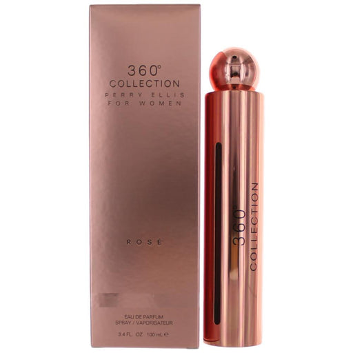 Perry Ellis 360 Rose Collection Eau De Parfum Spray for Women, 3.4 oz, featuring a floral fragrance bottle with pink accents.