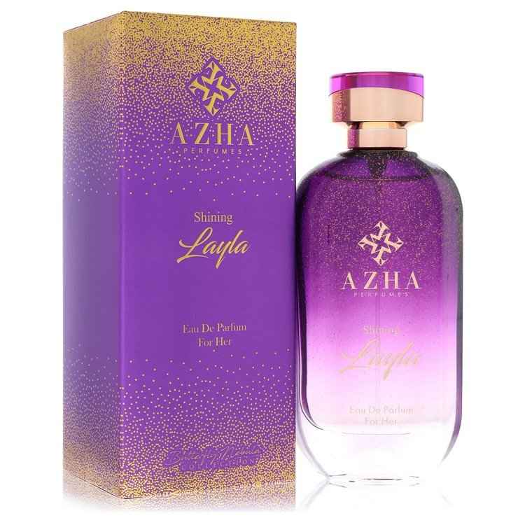Al Shining Layla by Azha Eau De Parfum spray for women, 3.3 oz bottle, elegant fragrance bottle with gold accents.