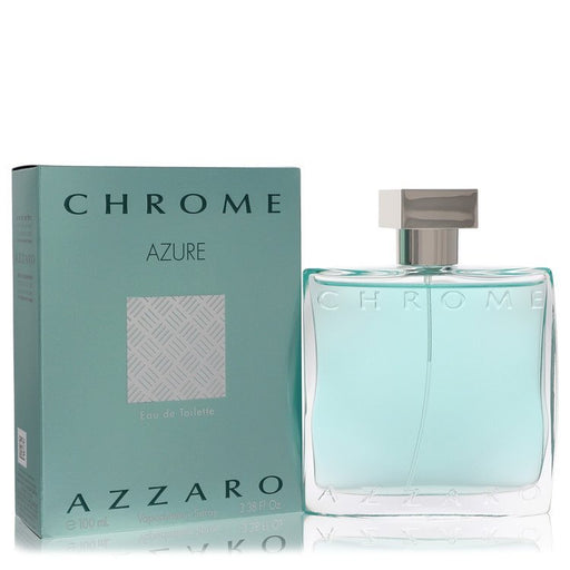 Azzaro Chrome Azure Eau De Toilette spray for men, 3.4 oz bottle with sleek chrome design and blue accents.