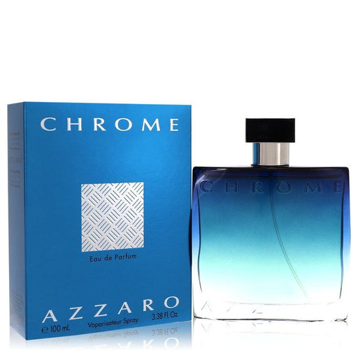 Azzaro Chrome Eau De Parfum spray for men, 3.4 oz bottle with sleek chrome finish, showcasing the iconic Azzaro branding.