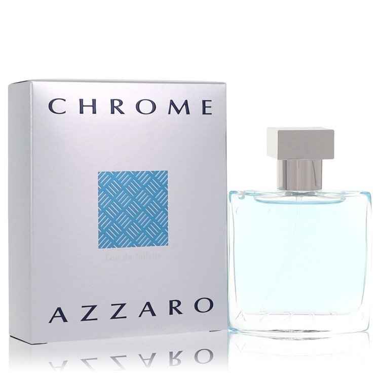 Azzaro Chrome Eau De Toilette spray for men, 1 oz bottle, sleek silver packaging and clear label.