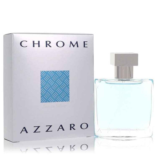 Azzaro Chrome Eau De Toilette spray for men, 1 oz bottle, sleek silver packaging and clear label.
