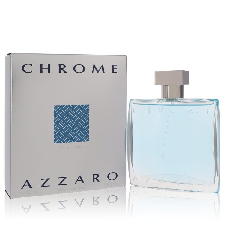 Azzaro Chrome Eau De Toilette spray for men, 3.4 oz bottle, featuring a sleek chrome design and modern packaging.