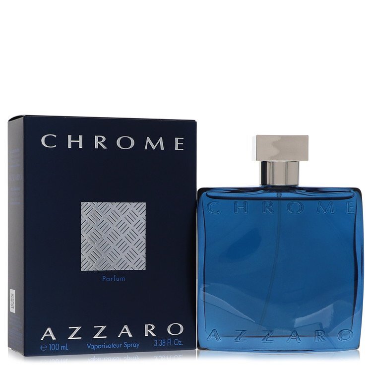 Azzaro Chrome men's parfum spray bottle, 3.4 oz, with sleek chrome finish and minimalist design.