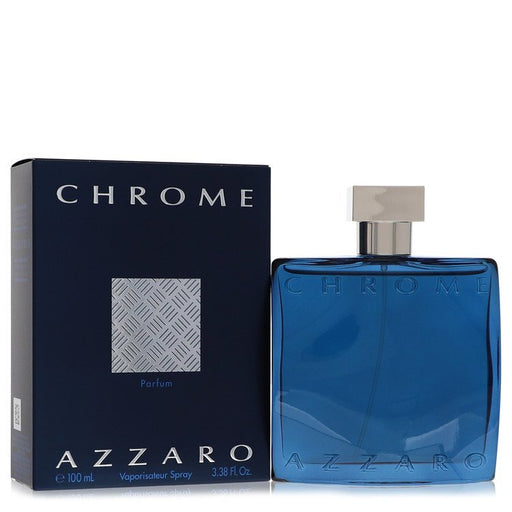 Azzaro Chrome men's parfum spray bottle, 3.4 oz, with sleek chrome finish and minimalist design.