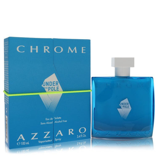 Azzaro Chrome Under the Pole men's Eau de Toilette spray bottle, 3.4 oz, featuring sleek chrome design and alcohol-free formula.