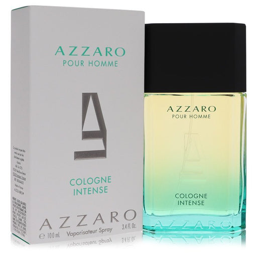 Azzaro Cologne Intense Eau de Toilette spray for men, 3.4 oz, featuring sleek bottle design with a dark and sophisticated appearance.