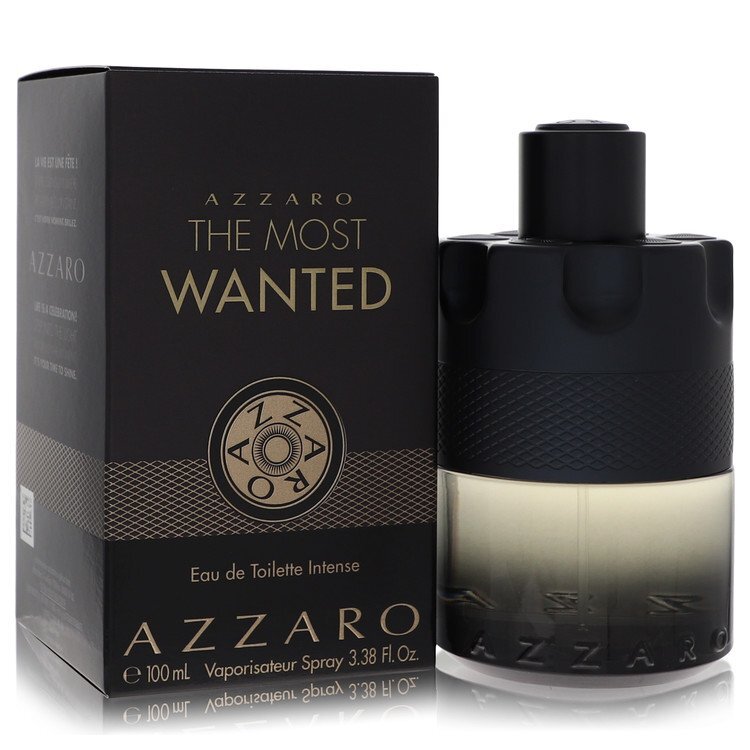 Azzaro The Most Wanted Eau De Toilette Intense spray for men, 3.4 oz bottle, with sleek packaging and bold branding.