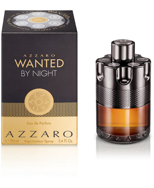 Azzaro Wanted By Night men's Eau de Parfum spray bottle, 3.4 oz, with dark and sleek packaging.