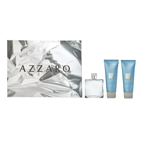 Azzaro Chrome men's 3-piece gift set including cologne, aftershave balm, and shower gel, all with sleek bottles and packaging.