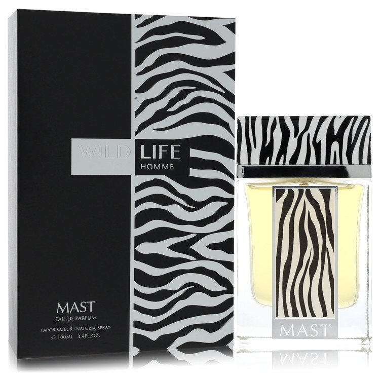 Bharara Beauty Mast Wild Life Eau De Parfum spray for men, 3.4 oz bottle, featuring a sleek design and masculine fragrance.