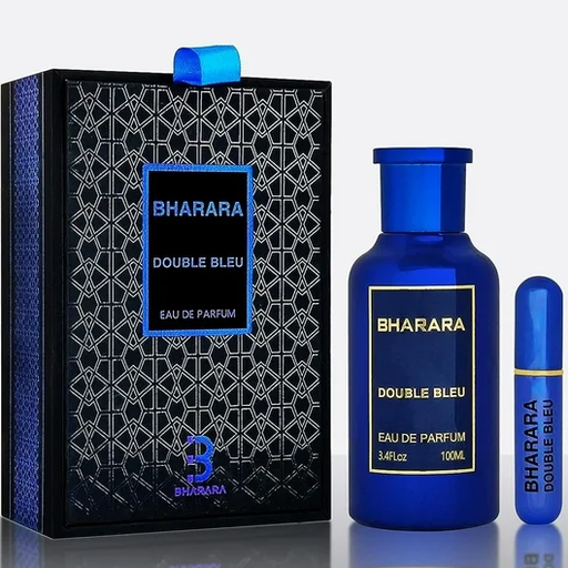 Bharara Double Bleu Pour Homme men's cologne spray, 6.7 oz bottle, featuring a sleek design and masculine fragrance.