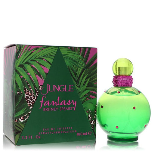 Britney Spears Jungle Fantasy Eau De Toilette Spray for women, 3.4 oz bottle with floral and tropical fragrance.