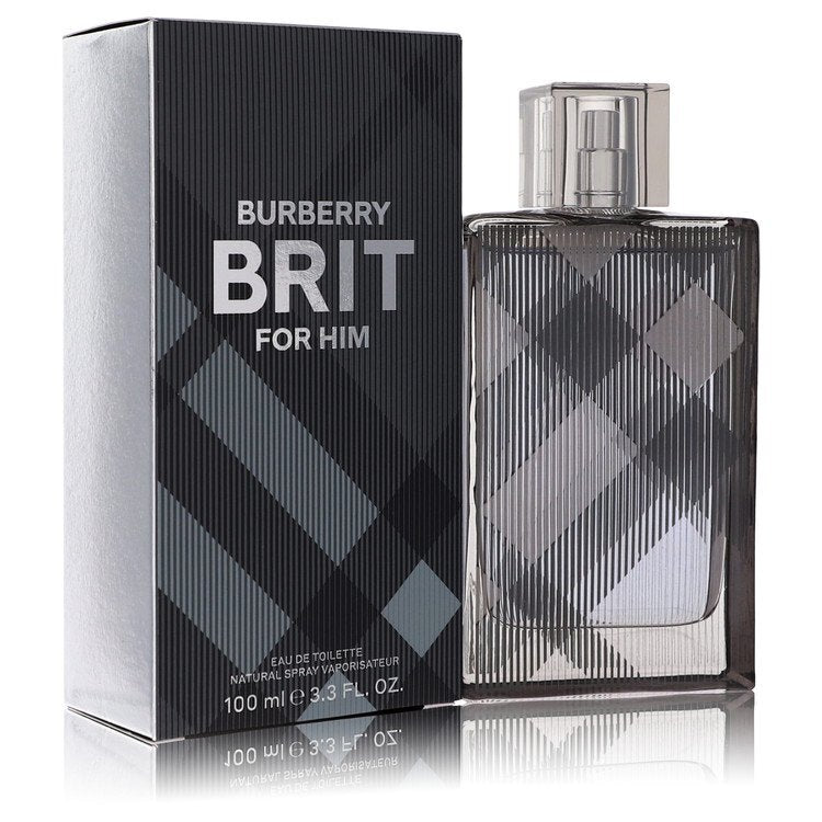 Burberry Brit Eau De Toilette spray for men, 3.4 oz bottle with sleek design and classic branding visible.