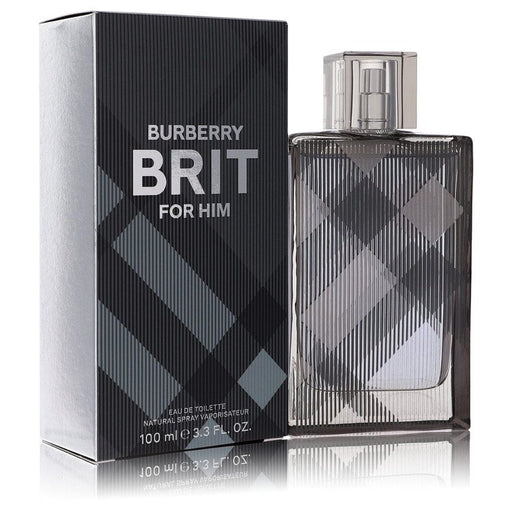 Burberry Brit Eau De Toilette spray for men, 3.4 oz bottle with sleek design and classic branding visible.
