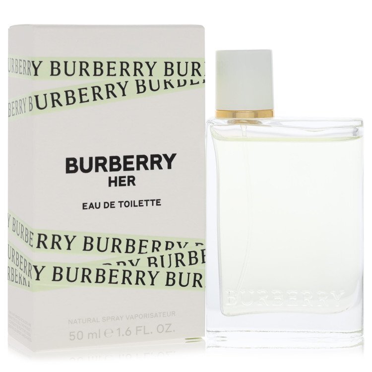 Her by Burberry Eau De Toilette spray for women, 1.6 oz, with elegant bottle and classic Burberry branding.
