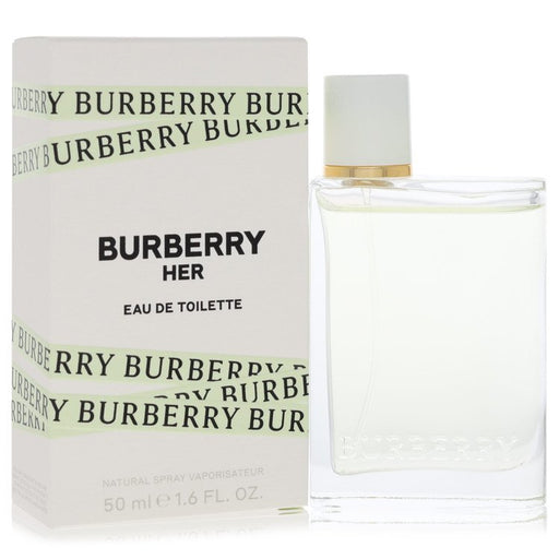Her by Burberry Eau De Toilette spray for women, 1.6 oz, with elegant bottle and classic Burberry branding.