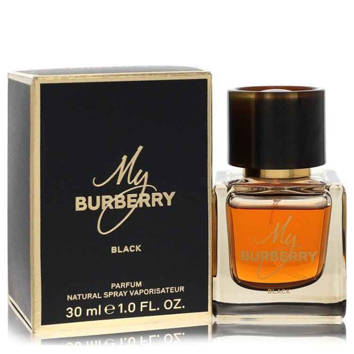 My Burberry Black perfume spray by Burberry for women, 1 oz, featuring elegant black bottle and classic design.