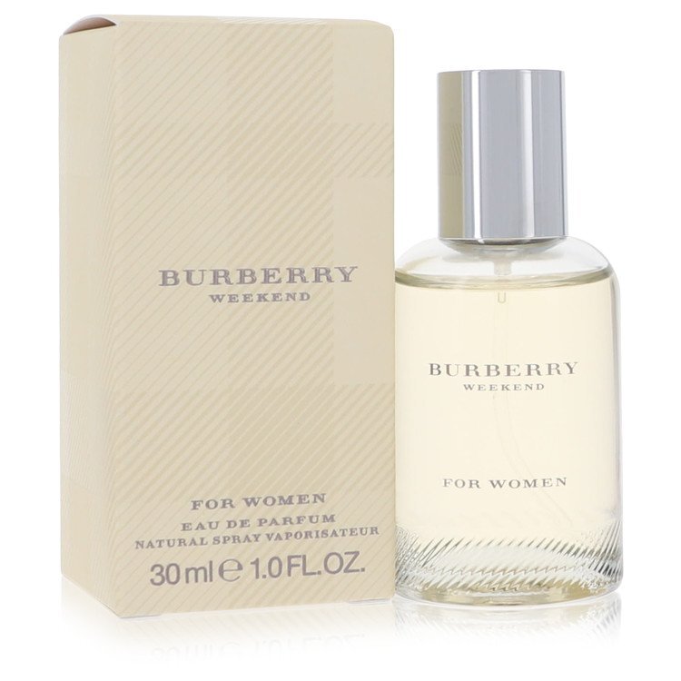 Weekend by Burberry Eau De Parfum spray for women, 1 oz bottle featuring elegant packaging and the iconic Burberry branding.