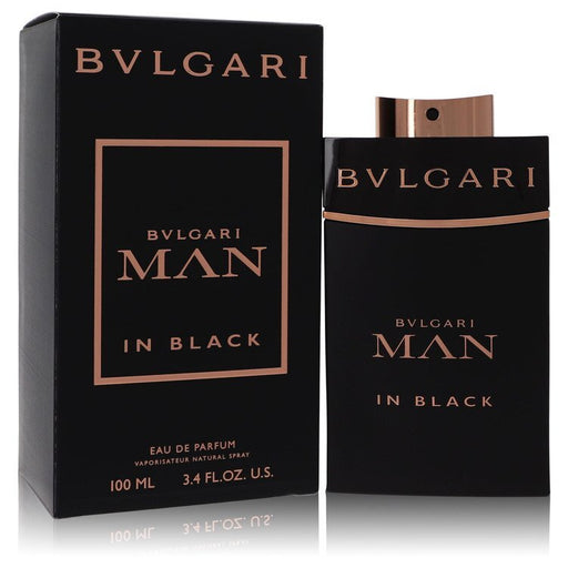 Bvlgari Man In Black Eau De Parfum spray bottle for men, 3.4 oz, featuring sleek black packaging and elegant design.