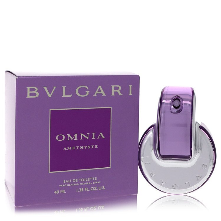 Bvlgari Omnia Amethyste Eau De Toilette spray bottle for women, 1.3 oz, featuring a sleek purple fragrance bottle.
