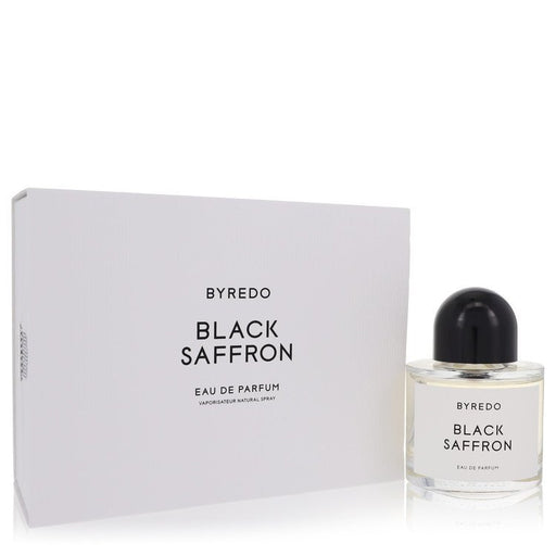Byredo Black Saffron Eau De Parfum spray in 3.4 oz bottle, elegant black fragrance bottle for women and unisex use.